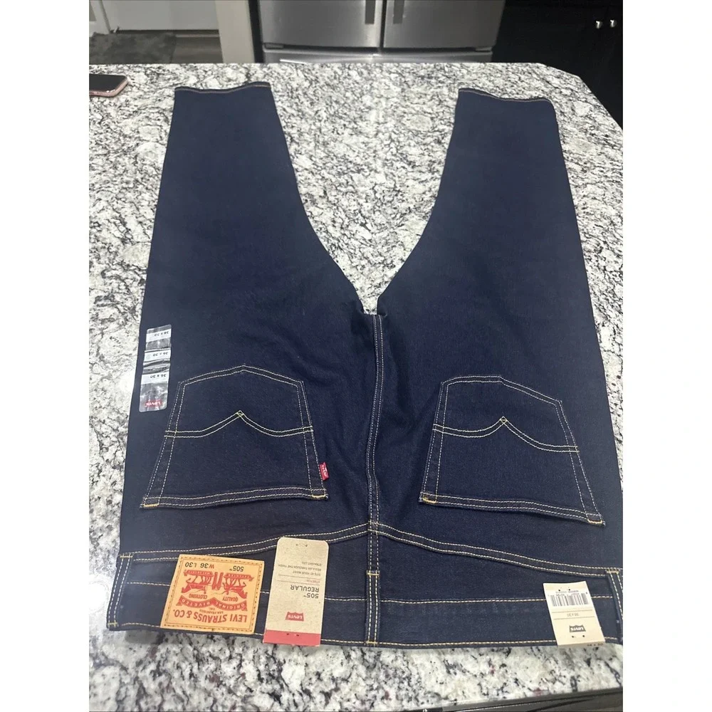 NWT Levi's 505 Regular Straight Leg Denim Jeans 36X30 Mens Dark‎ Blue Stretch